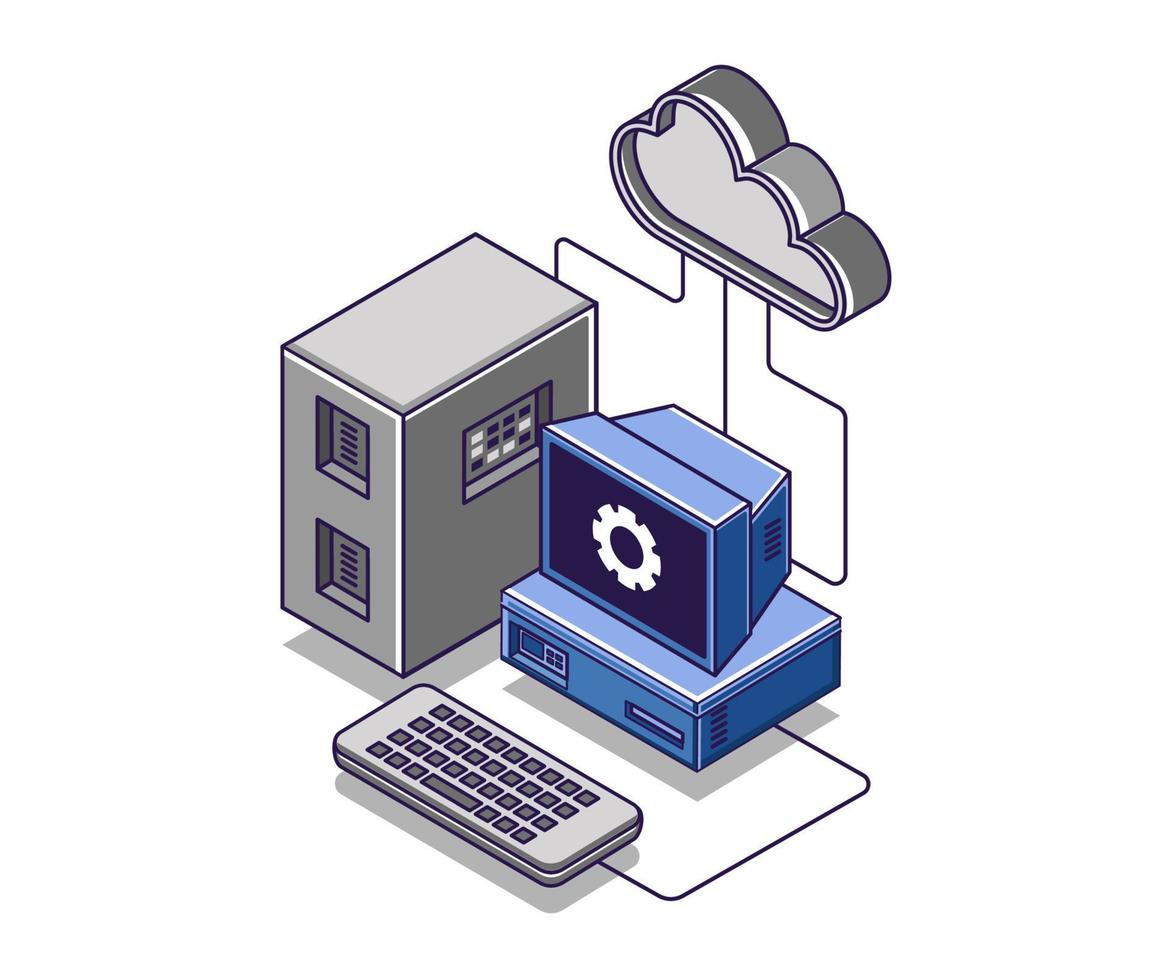 Flat isometric concept illustration. computer cloud server data processing vector