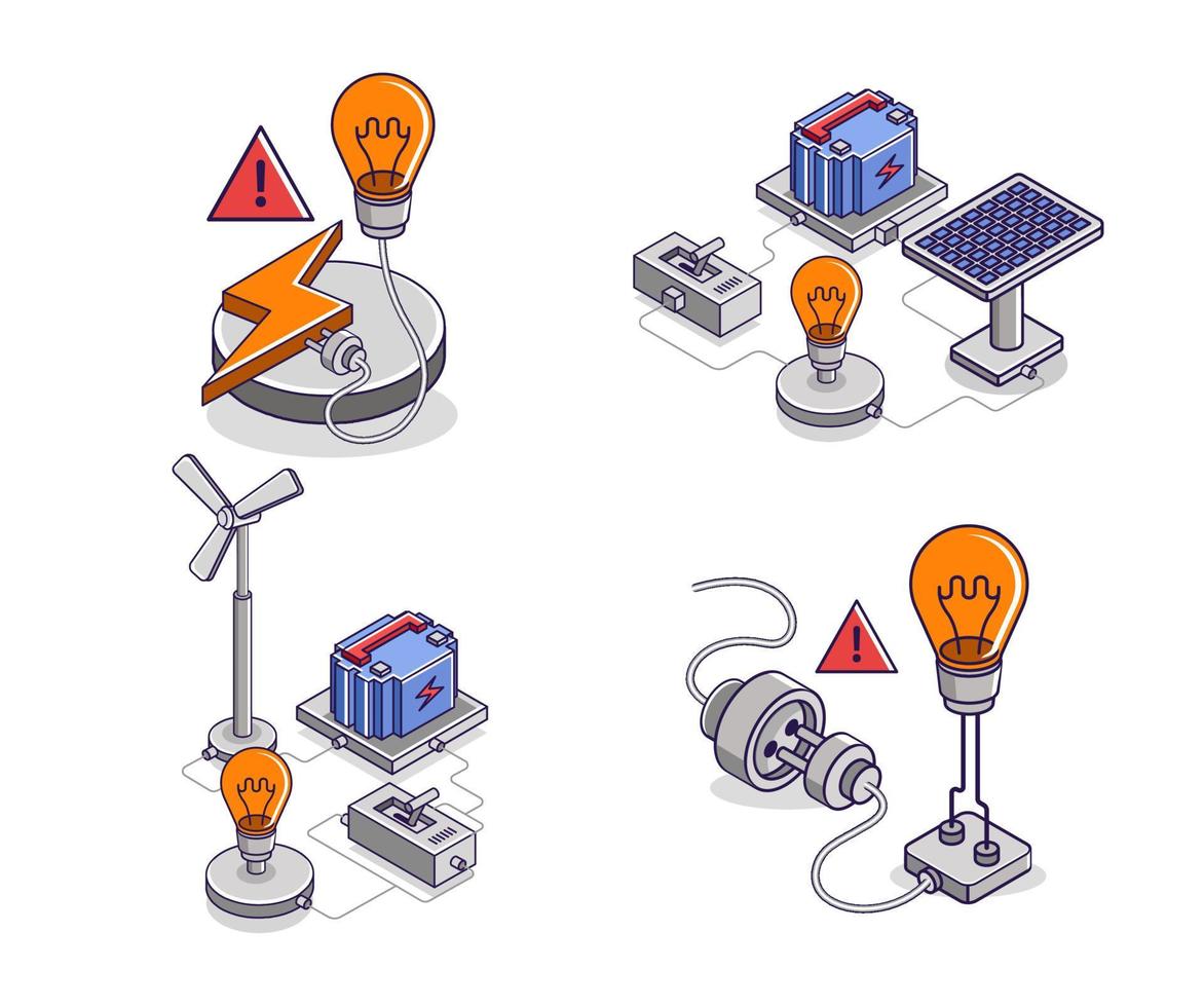 ilustración de concepto isométrico plano. conjunto de paquetes de iconos de energía solar eléctrica de la industria empresarial vector