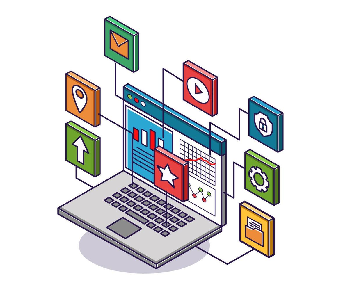 Flat isometric concept illustration. computer data network analyst vector