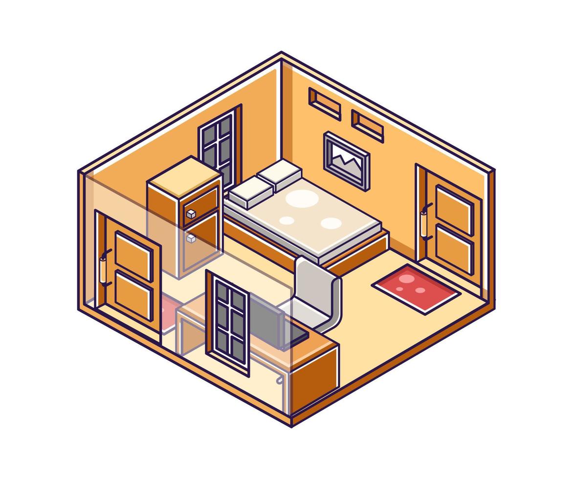 Flat isometric concept illustration. bedroom and study space vector
