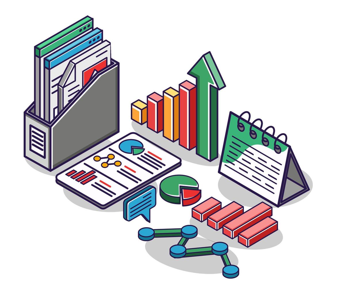 Flat isometric concept illustration. business investment analysis staff data vector