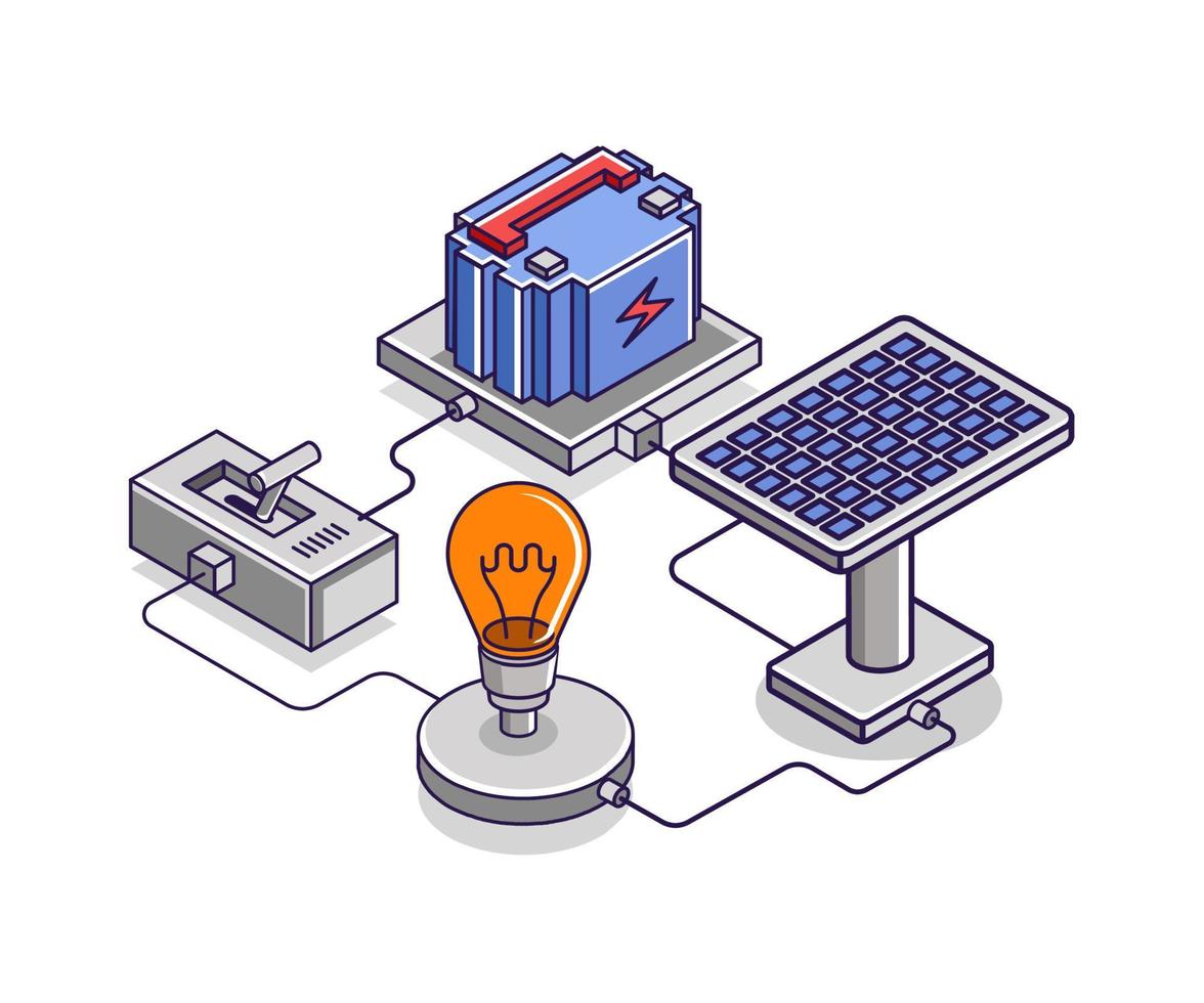 Flat isometric concept illustration. solar panel energy storage switch circuit vector