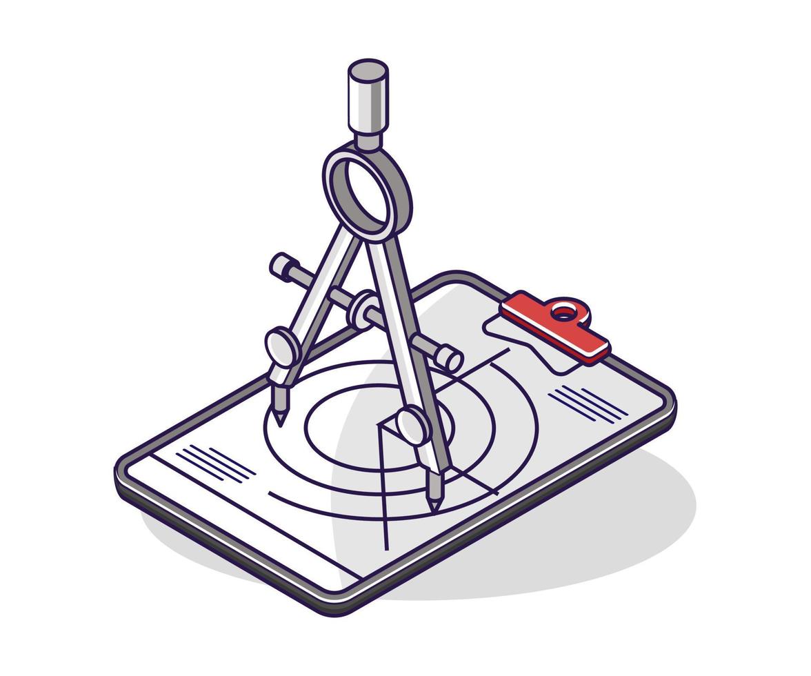 Flat isometric concept illustration.  drawing with compass vector