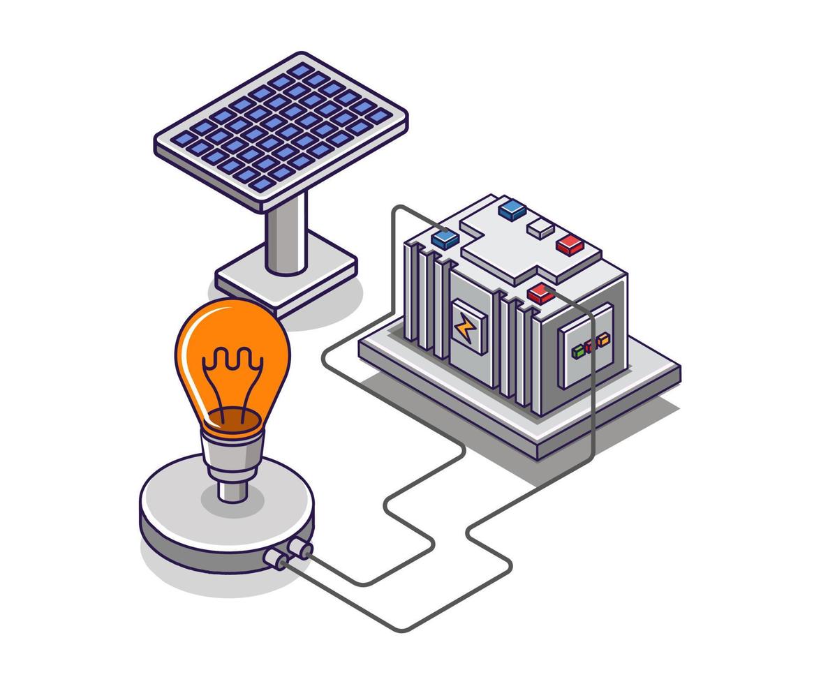 Flat isometric concept illustration. solar panel energy storage channel to the lamp vector