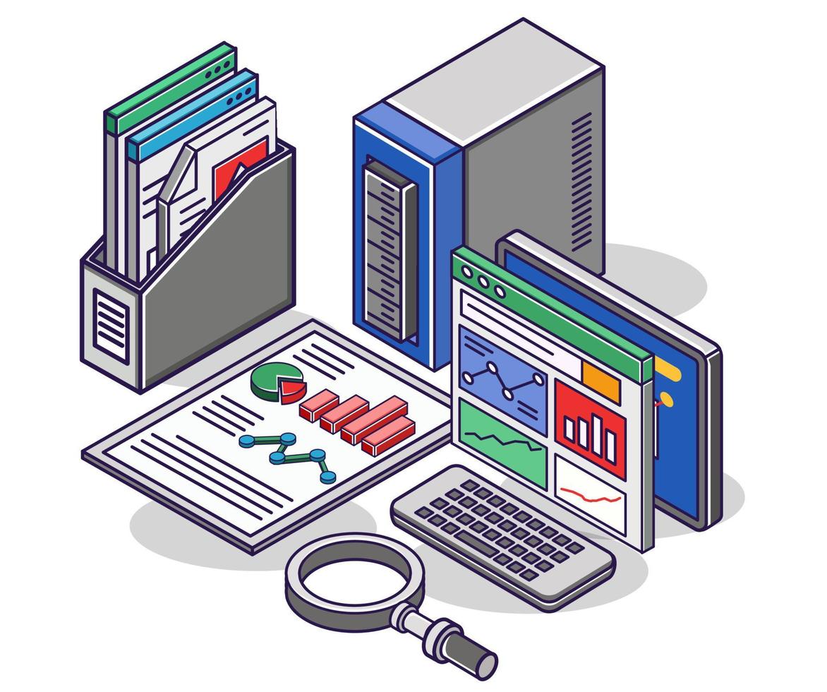 Flat isometric concept illustration. the desktop of a business analysis data vector