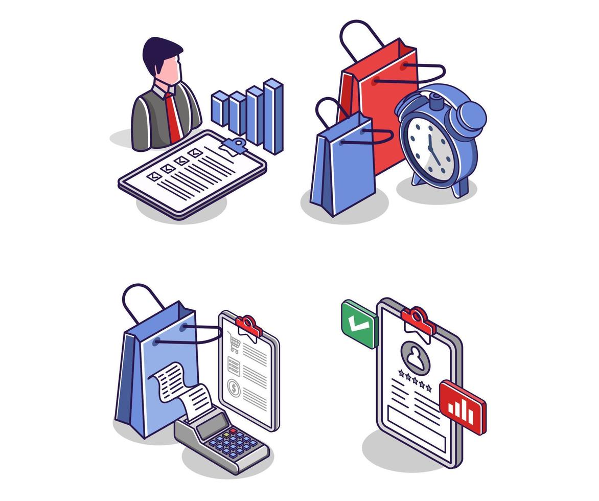 Flat isometric concept illustration. bundle set of e-commerce online shopping icons vector