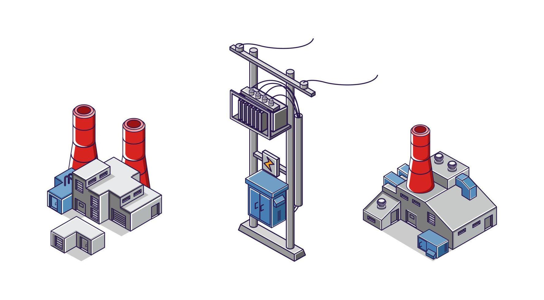 ilustración de concepto isométrico plano. conjunto de postes eléctricos e íconos de la industria de la fábrica vector