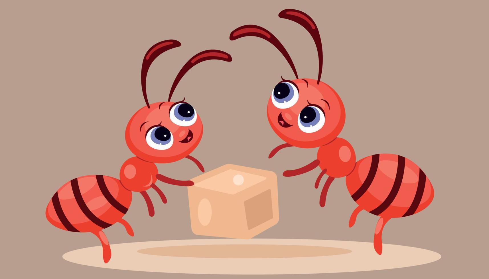 linda hormiga bebé intenta llevar un terrón de azúcar vector