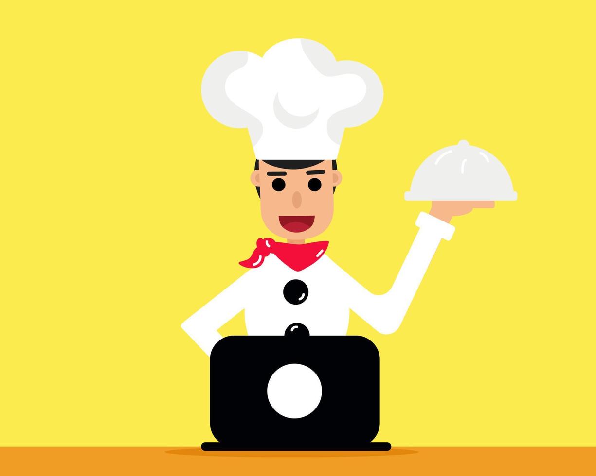 A chef wears white uniform and he has tray of food on his hand, a laptop on a table for tutor you online cooking. Vector cartoon style.