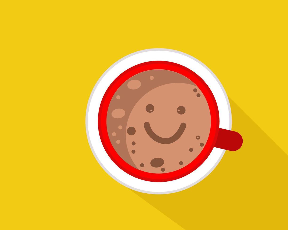 vista superior del café negro recién hecho en una taza roja. ícono de sonrisa en la parte superior del café. vector de diseño plano.