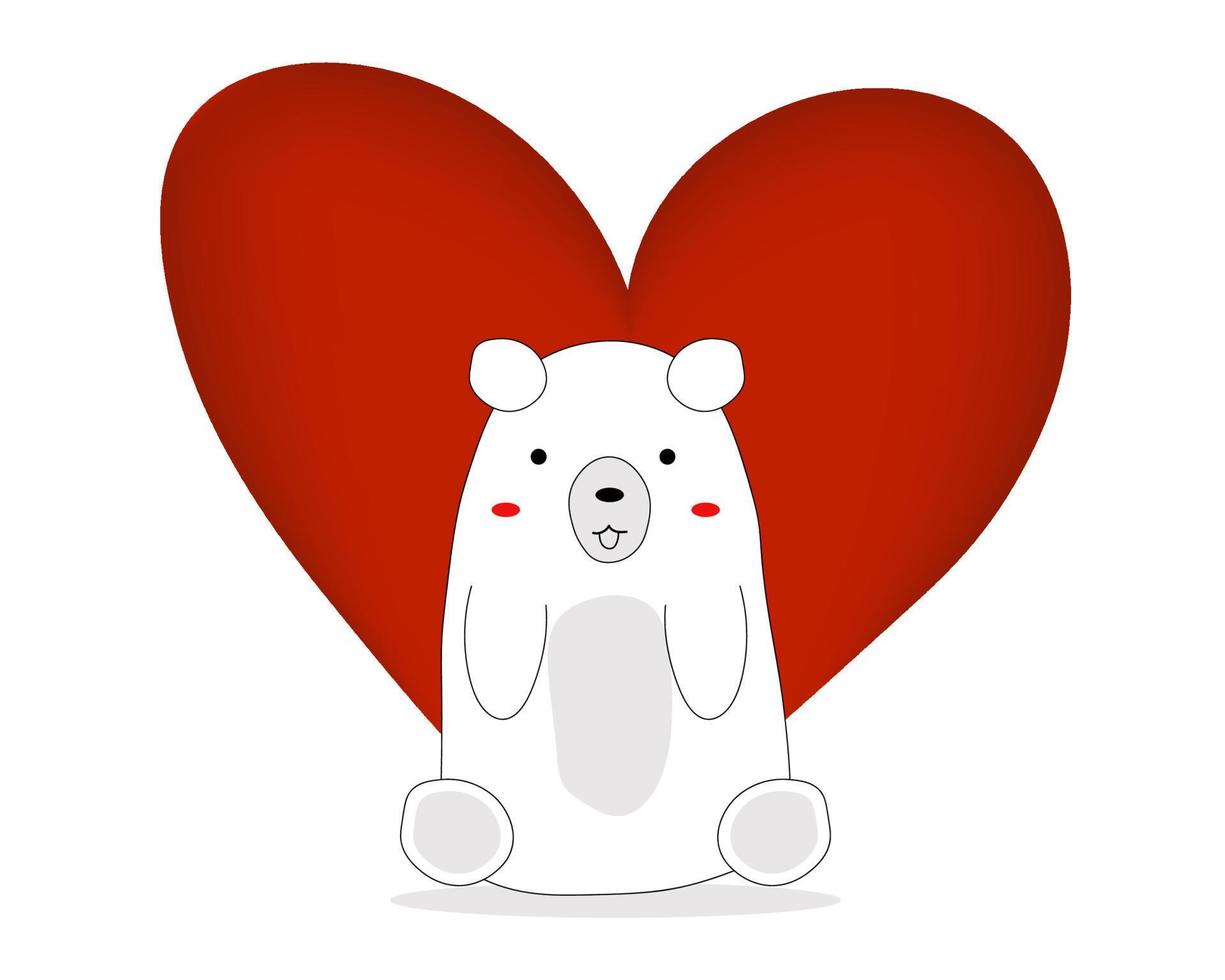 concepto de amor lindo gran oso blanco sentado frente a una gran forma de corazón rojo sobre fondo blanco vector