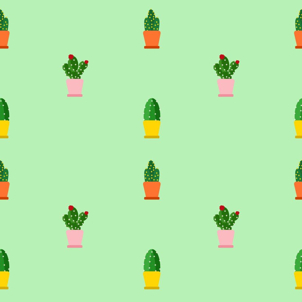 Seamless pattern background. Kawaii cactus in the colorful pot on sweet color background. vector