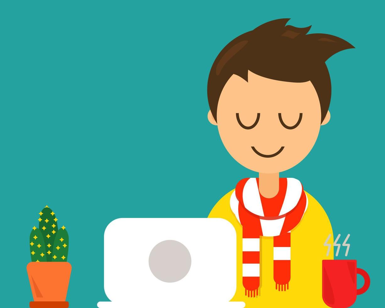 Happy Man Character in Cartoon Style with successful concept. A happy man is sitting on chair at his work area, there are laptop and red cup of hot coffee. vector