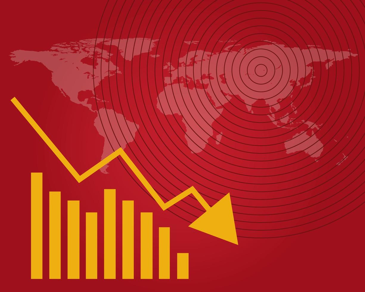 Economy down concept. there are red background and world map, bars of chart and down arrow for your design vector