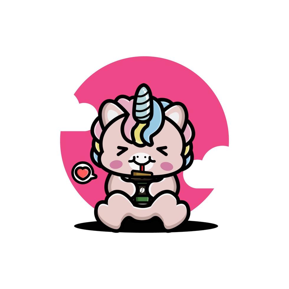 Cute unicorn drink coffee cartoon vector
