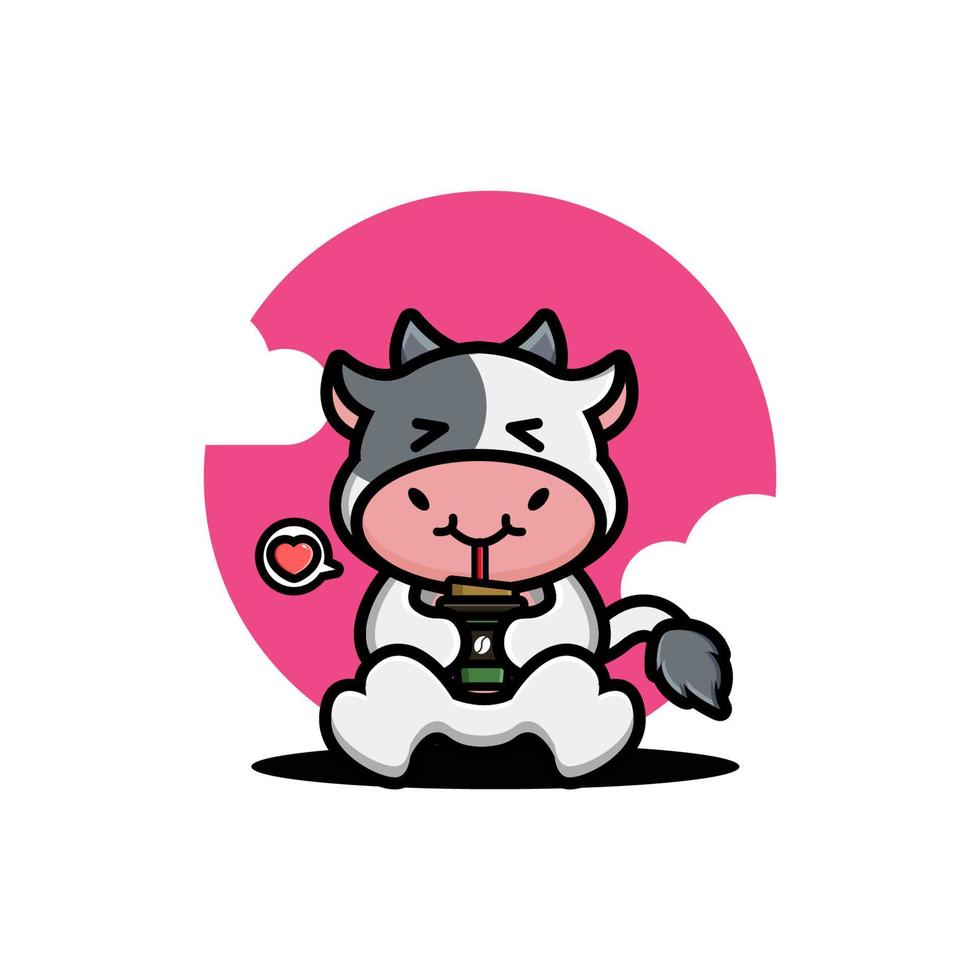 Cute cow drink coffee cartoon vector