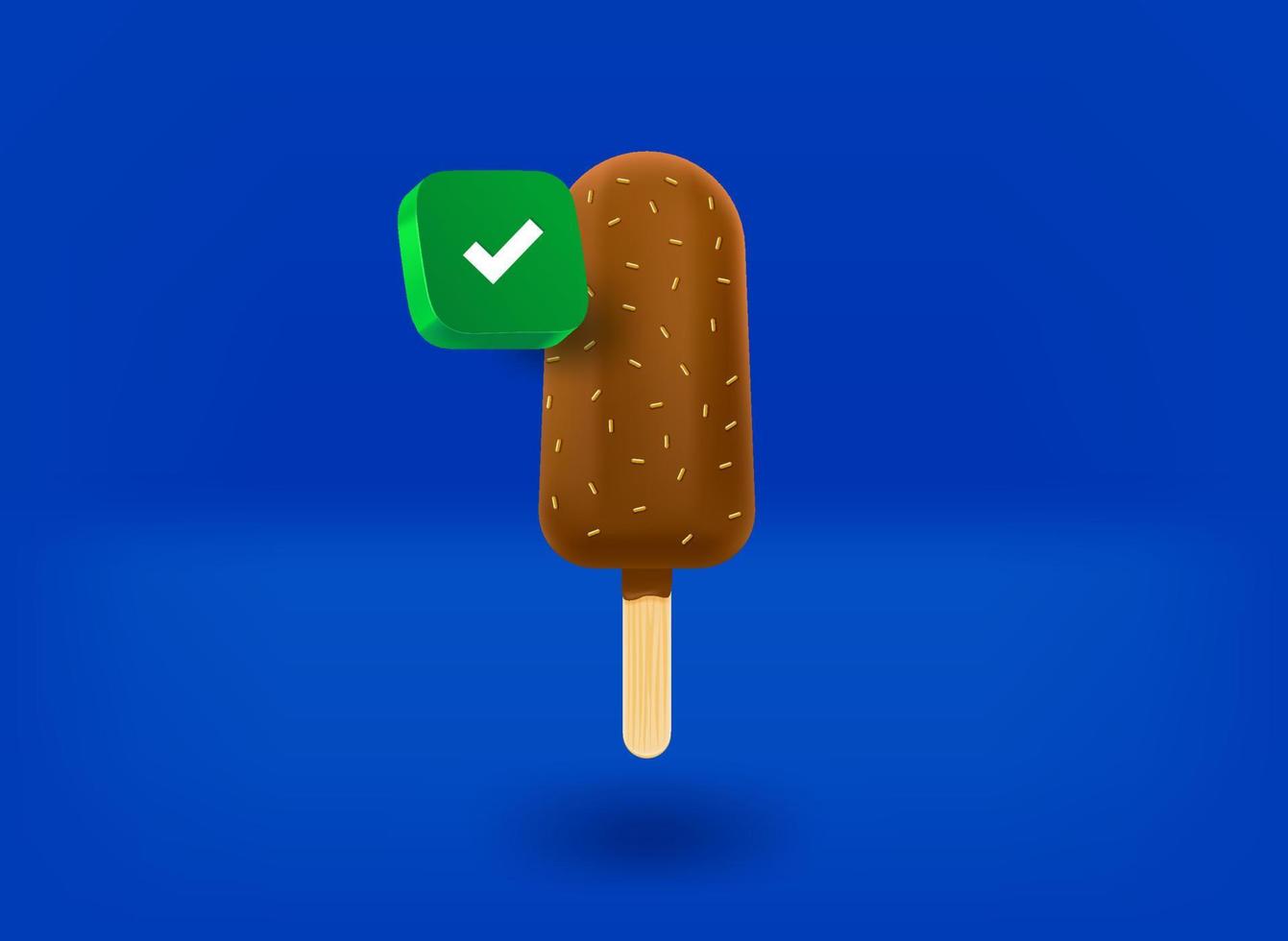 Ice cream with checkmark icon. 3d vector illustration