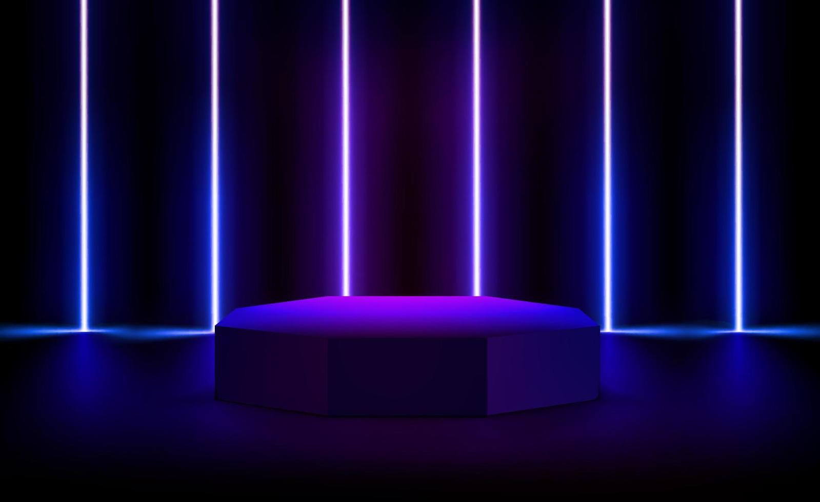 illuminated interior with violet neon lights and circlr podium. 3d vector illustration