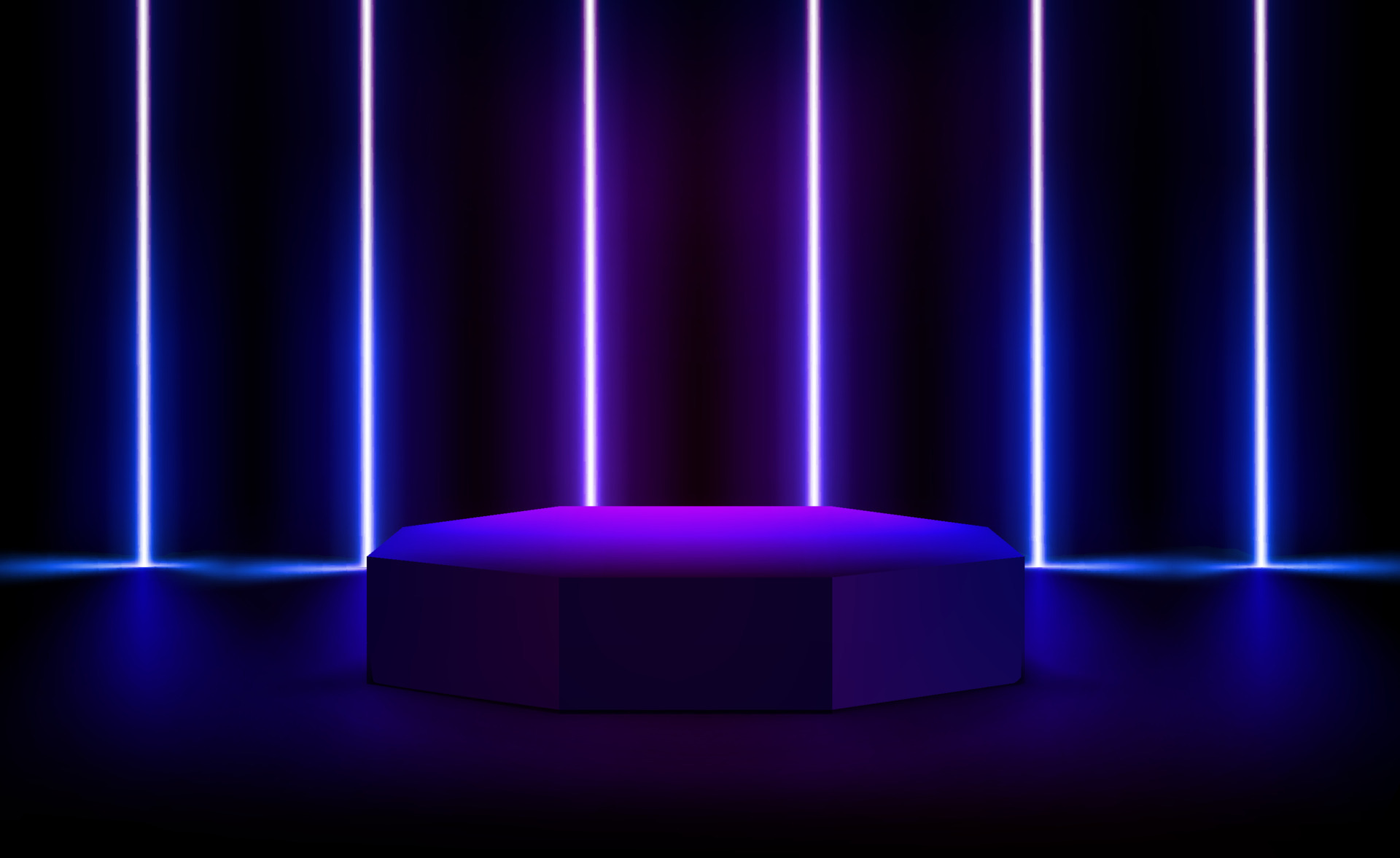 illuminated interior with violet neon lights and circlr podium. 3d