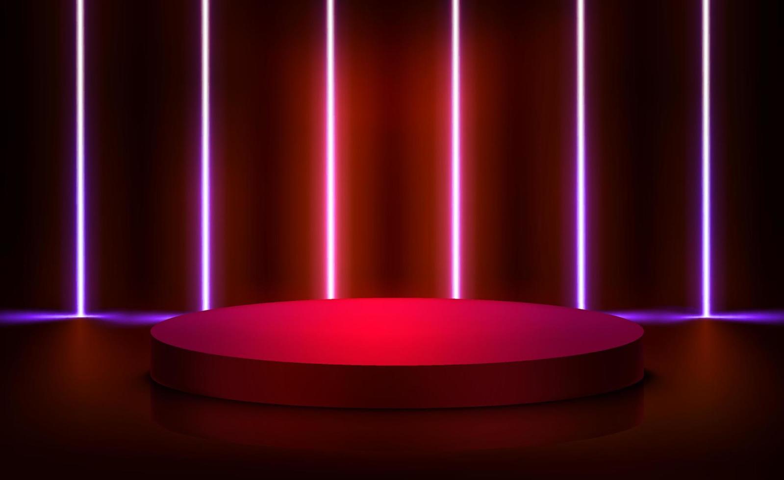 illuminated interior with red neon lights and circlr podium. 3d vector illustration