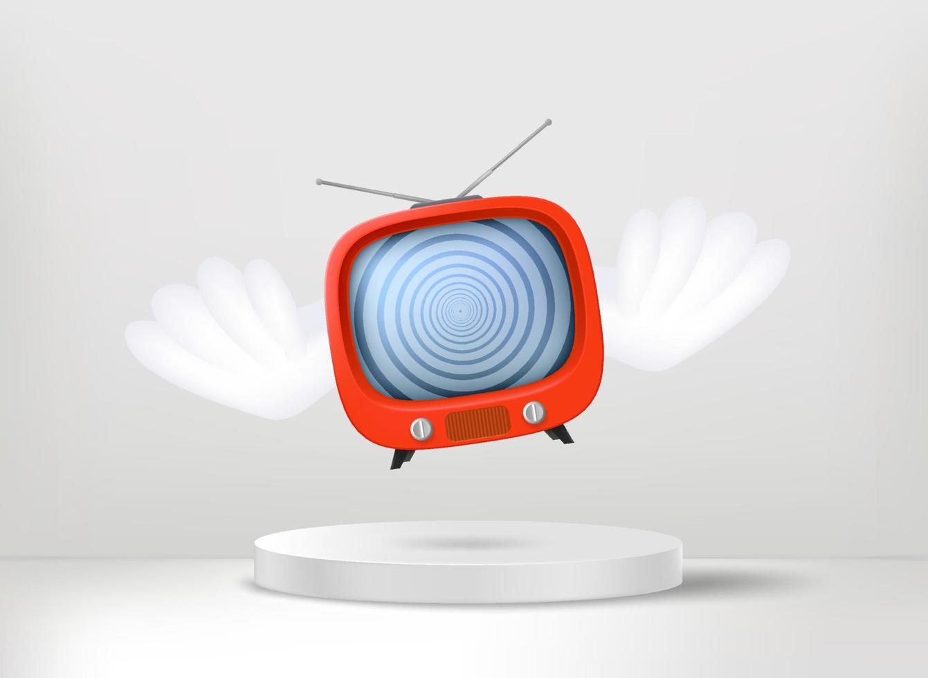 Flying tv with the wings above the stage. 3d vector concept