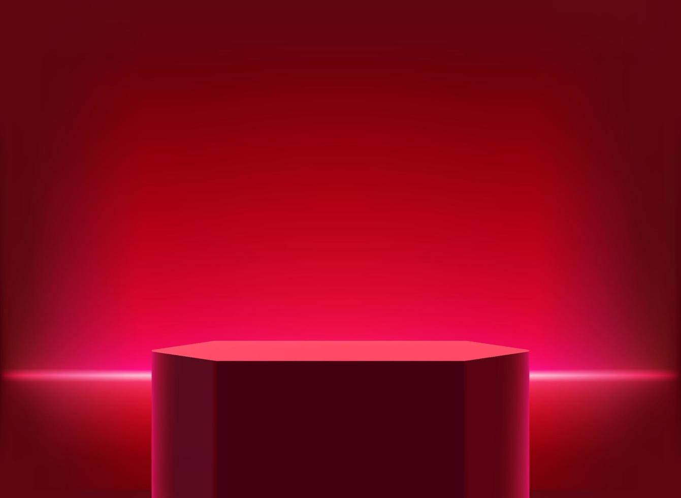 estudio iluminado con luz de neón roja y podio. ilustración vectorial 3d vector