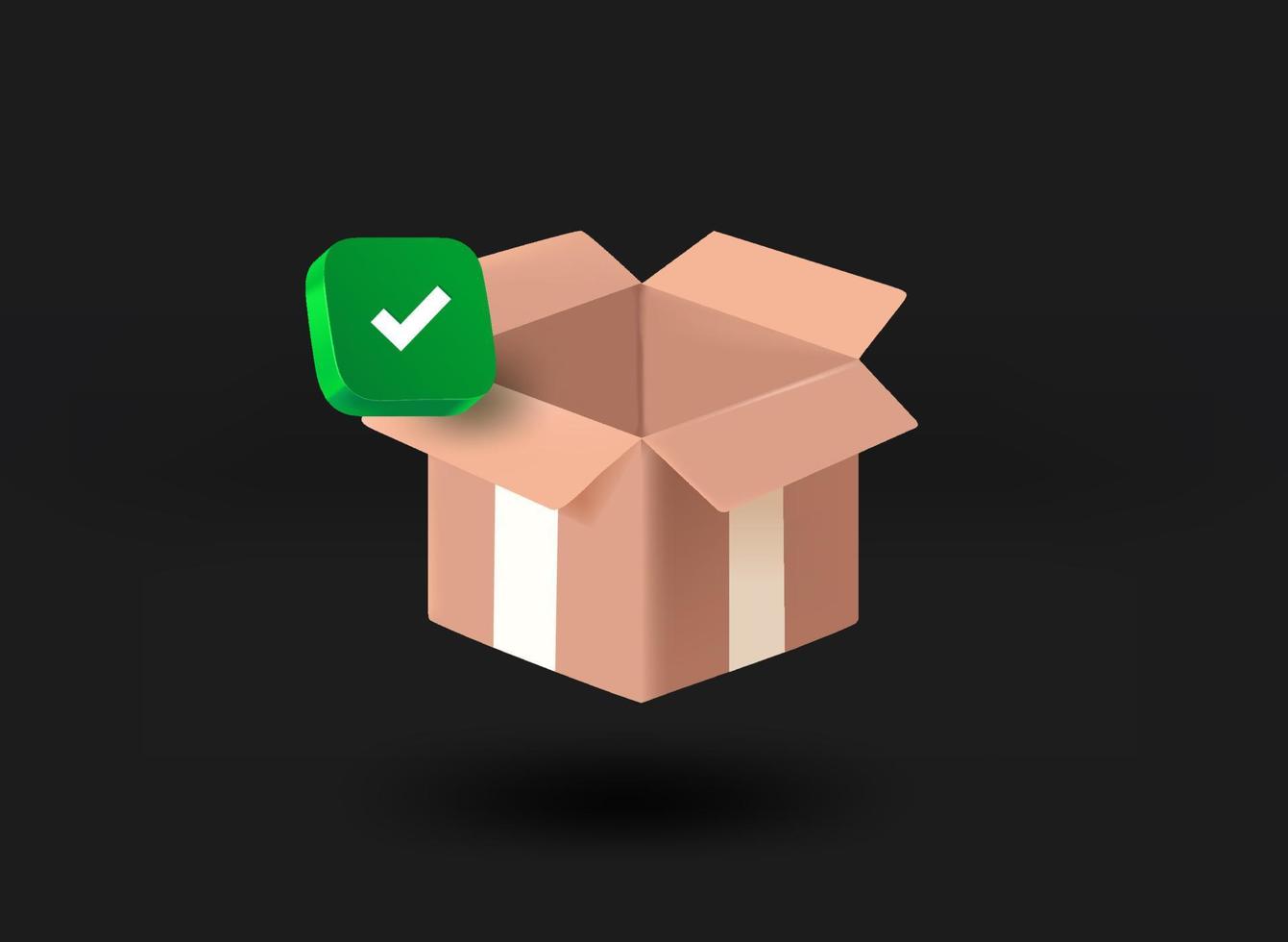 Opened box with checkmark icon. 3d vector illustration