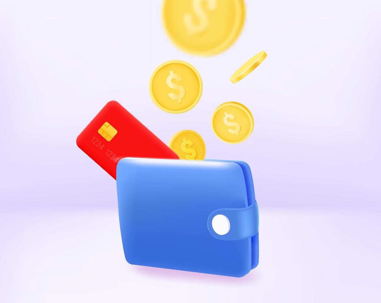 Wallet with credit card and coins. 3d vector concept