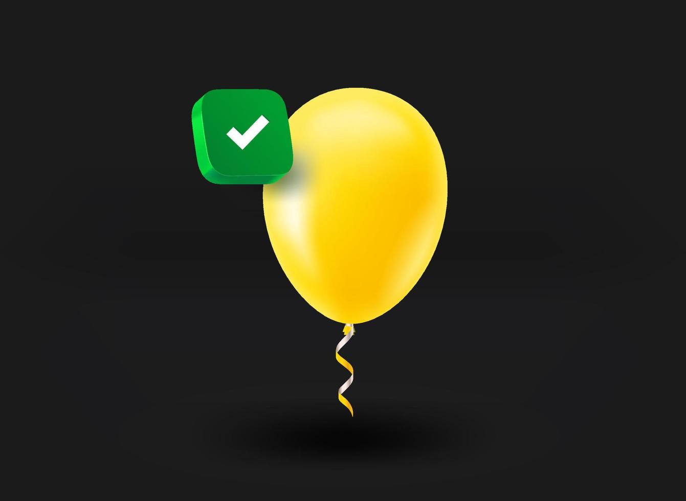 Yellow air balloon with checkmark icon. 3d vector illustration