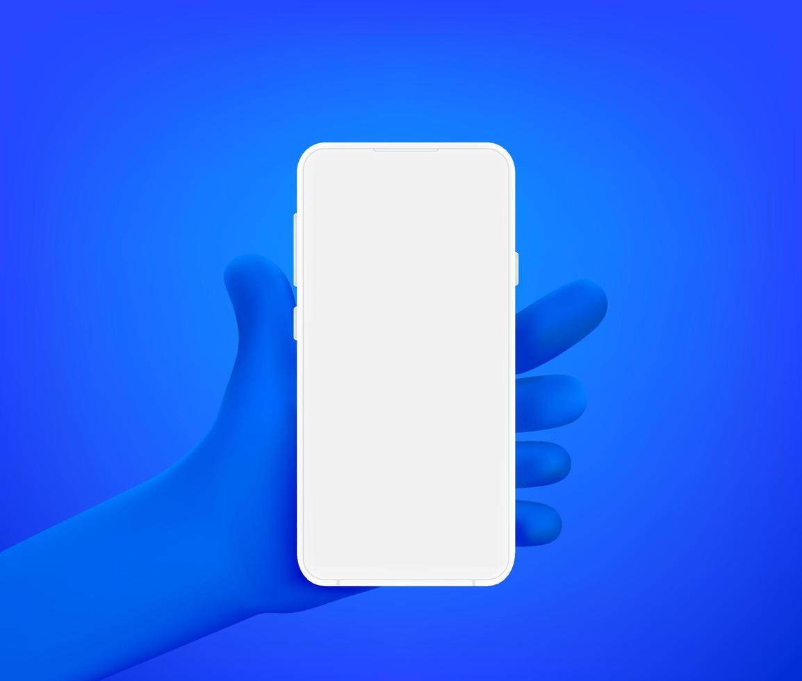 Cute comic hand with smartphone with blank screen. 3d vector illustration