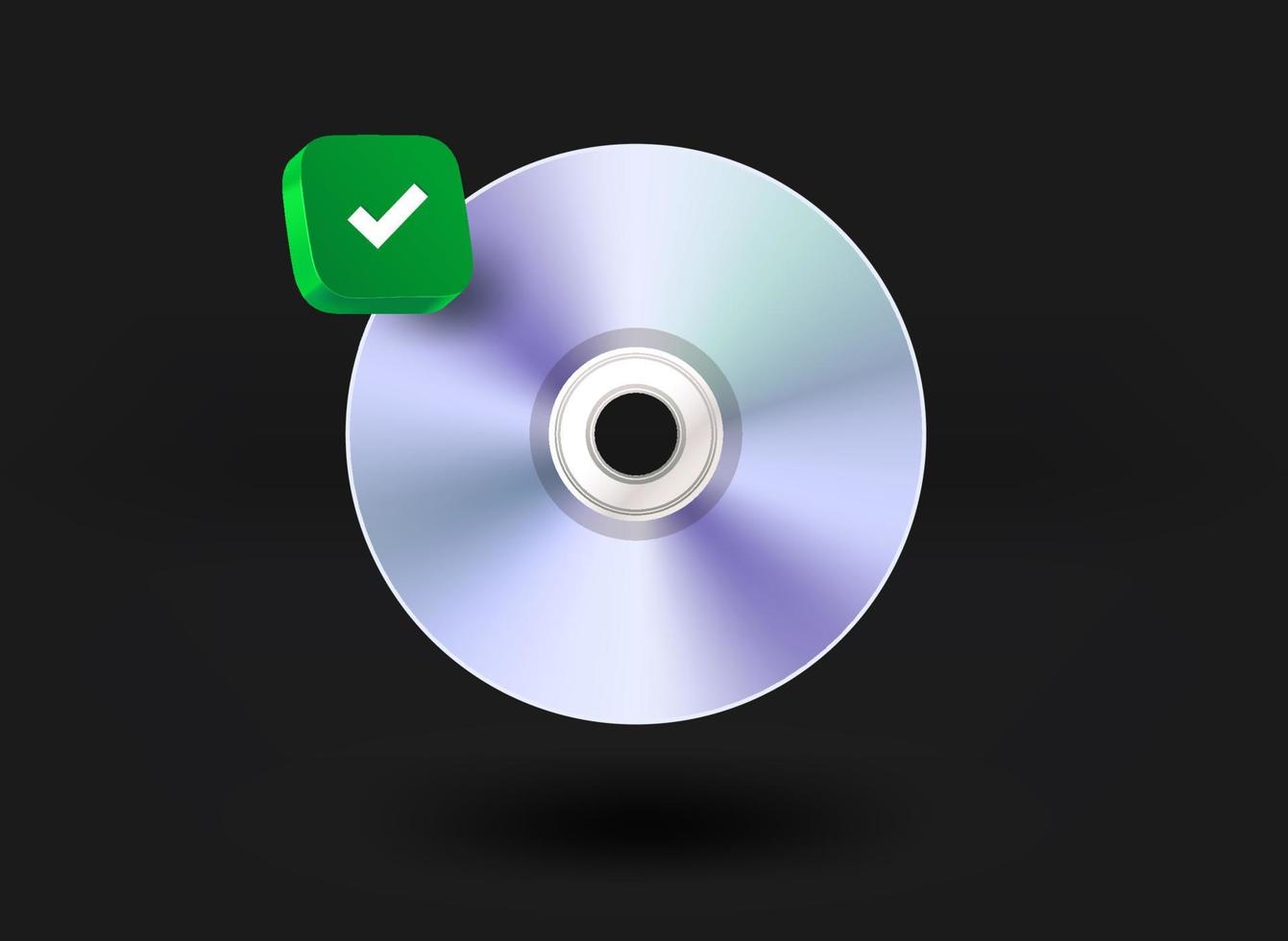 Music compact disc with checkmark icon. 3d vector illustration