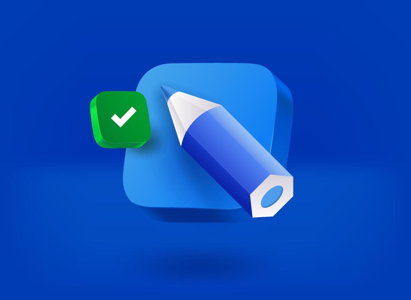 Pencil icon with checkmark pictogram. 3d vector illustration