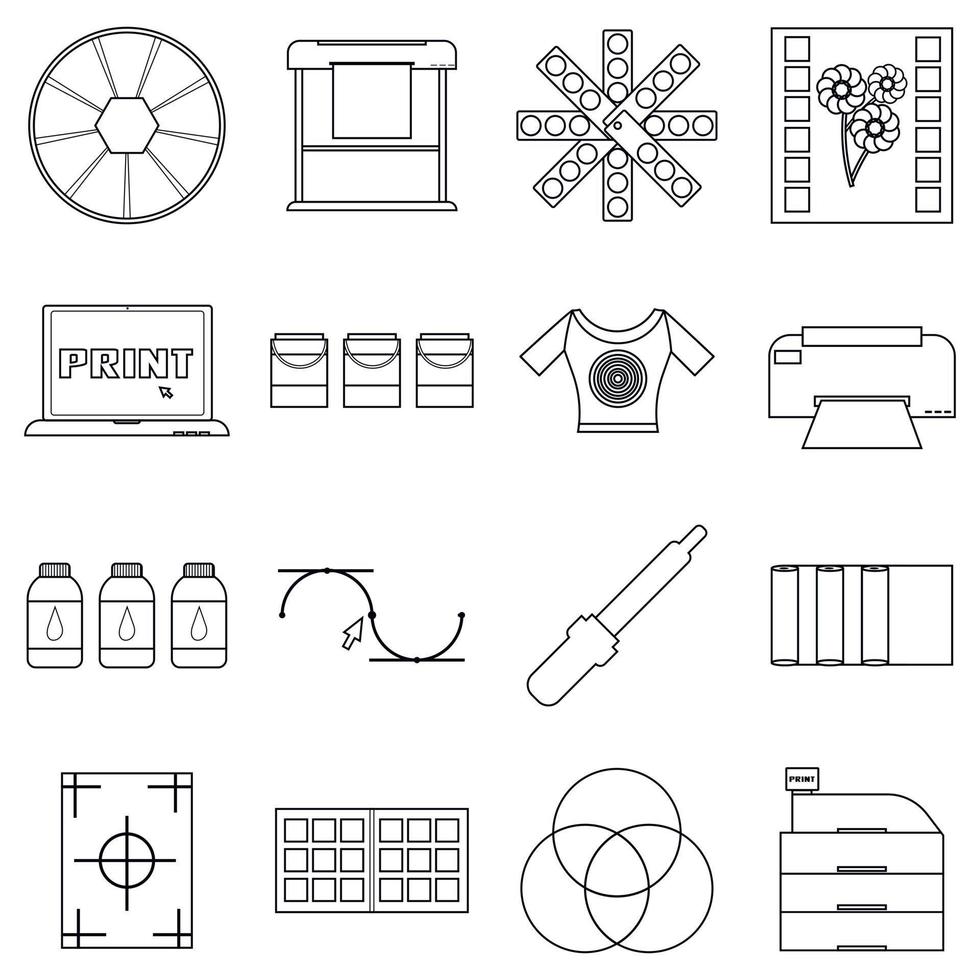 Print items icons set, outline style vector