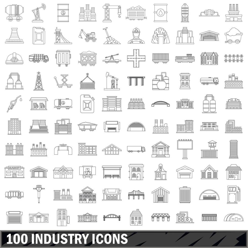 100 industry icons set, outline style vector