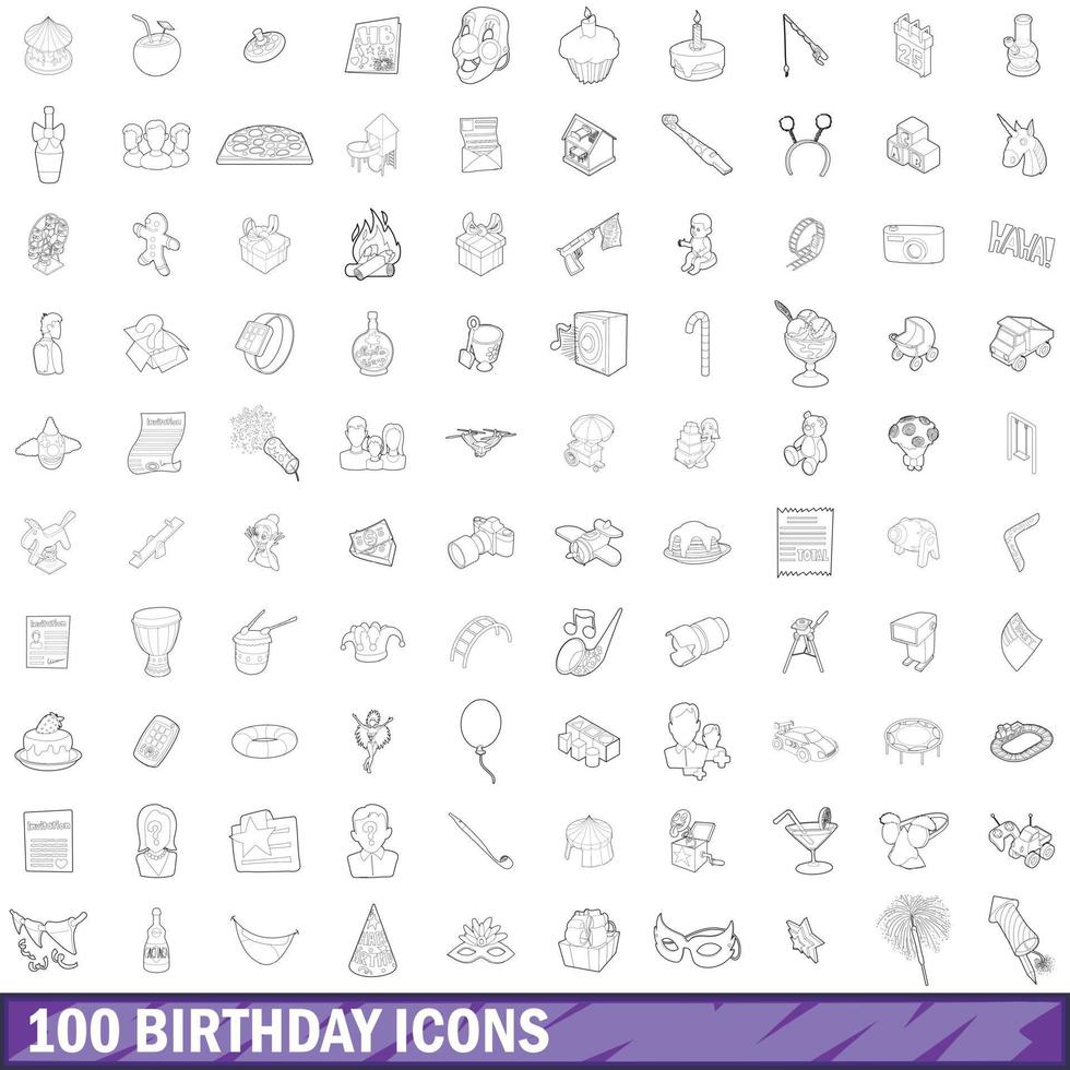 100 iconos de cumpleaños, estilo de esquema vector