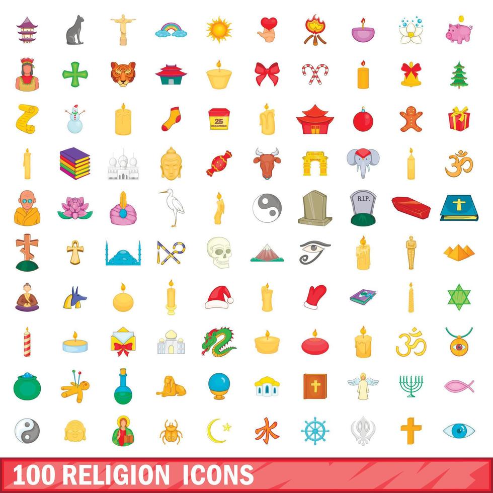 100 religion icons set, cartoon style vector