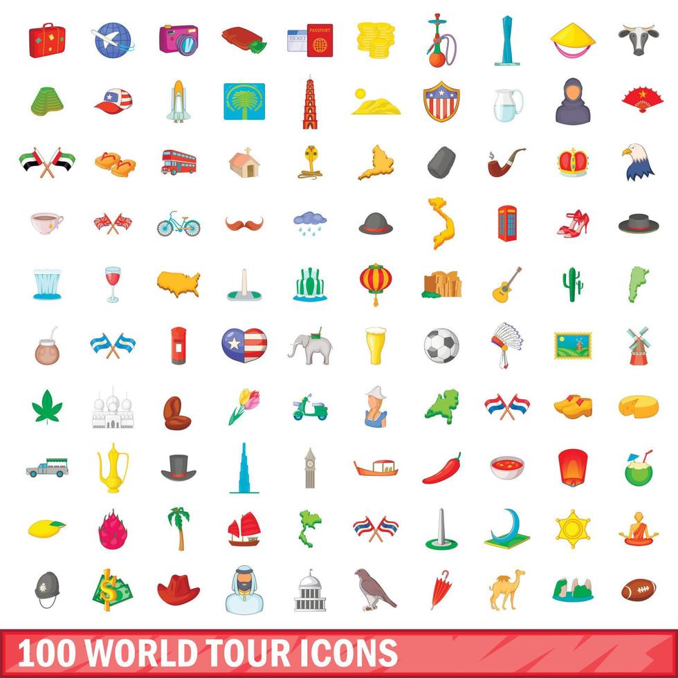 100 world tour icons set, cartoon style vector