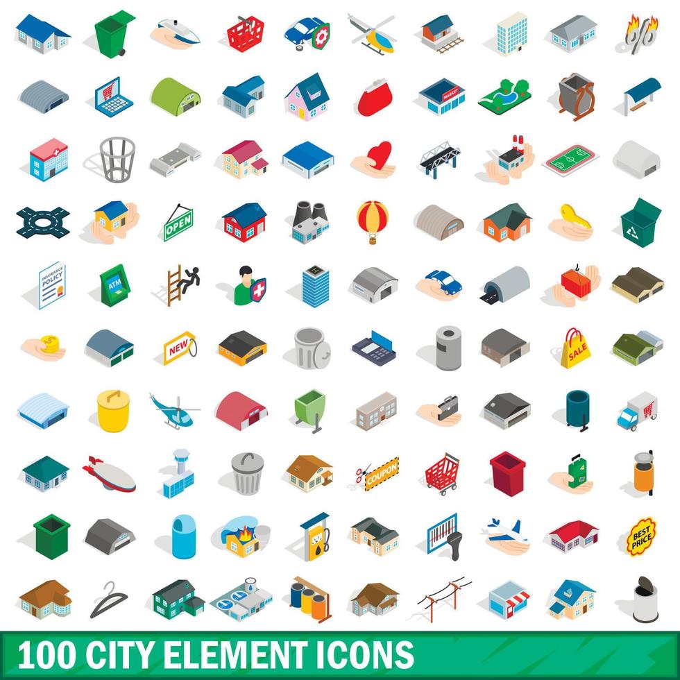 100 iconos de elementos de la ciudad, estilo isométrico 3d vector