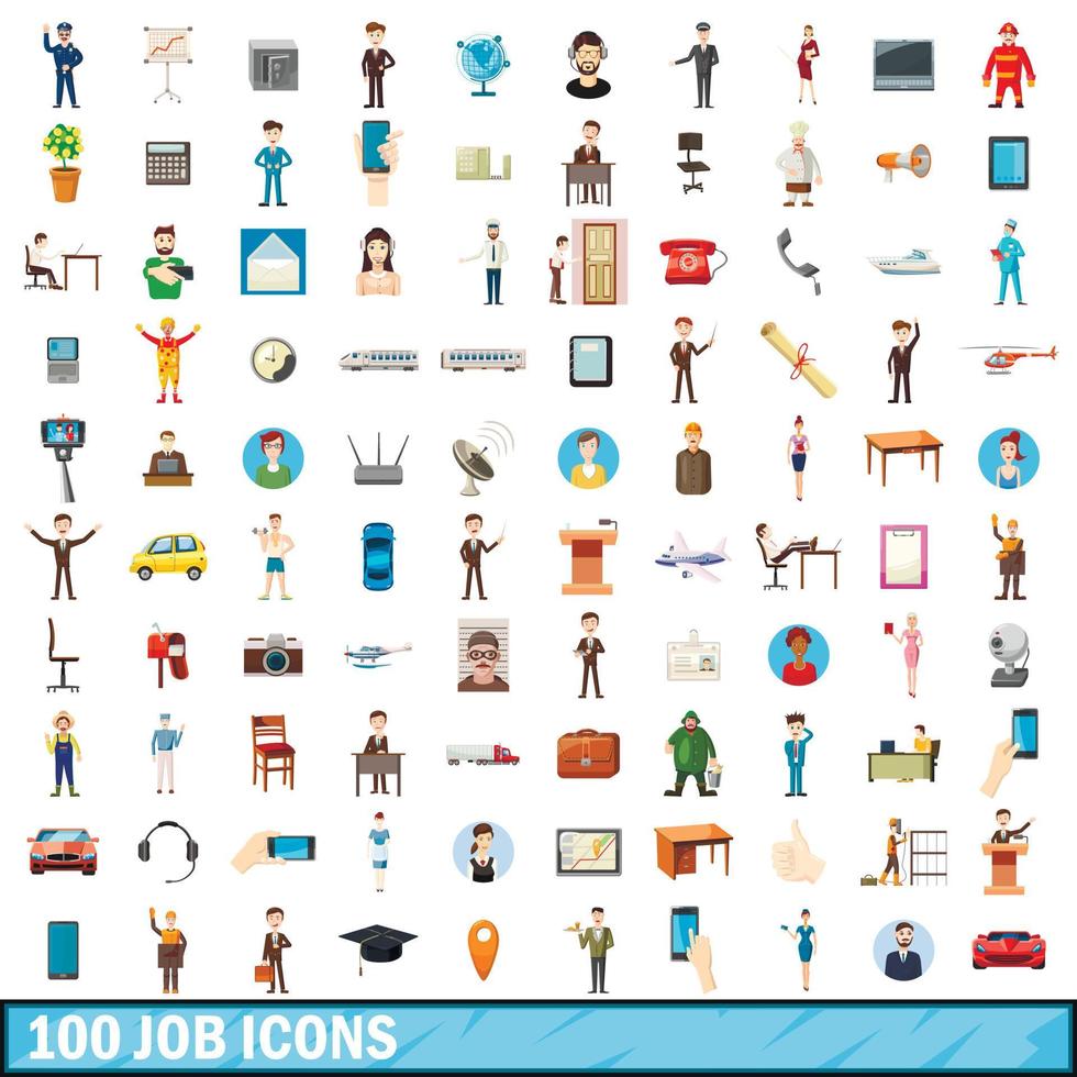 100 iconos de trabajo, estilo de dibujos animados vector