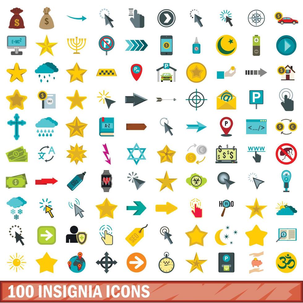 100 insignia icons set, flat style vector