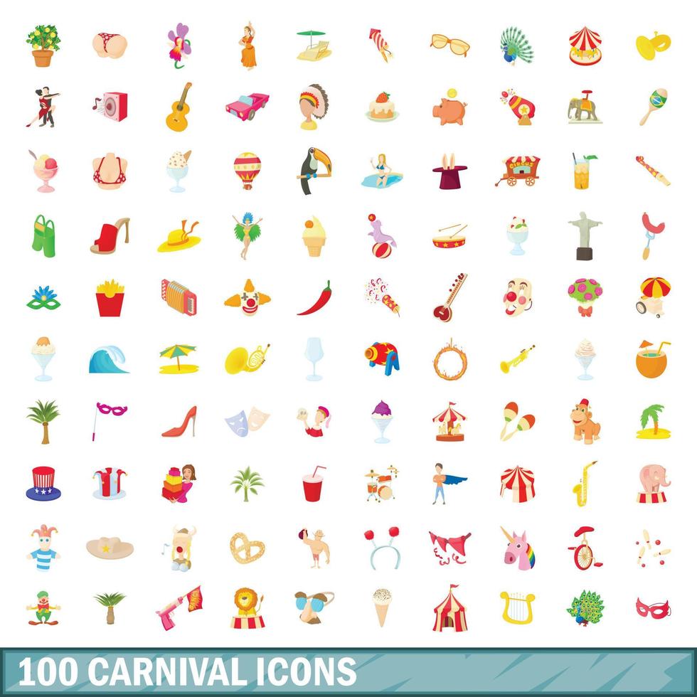 100 iconos de carnaval, estilo de dibujos animados vector