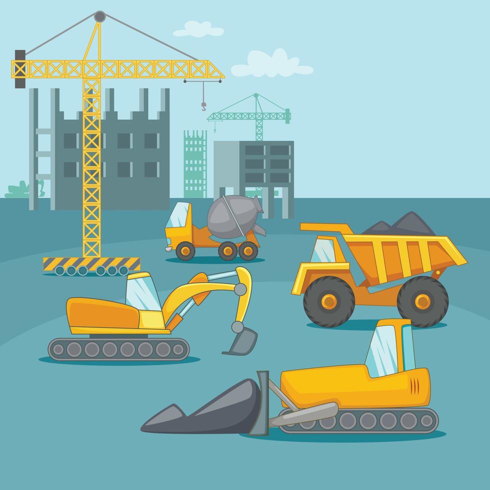 Building process concept trucks, cartoon style vector