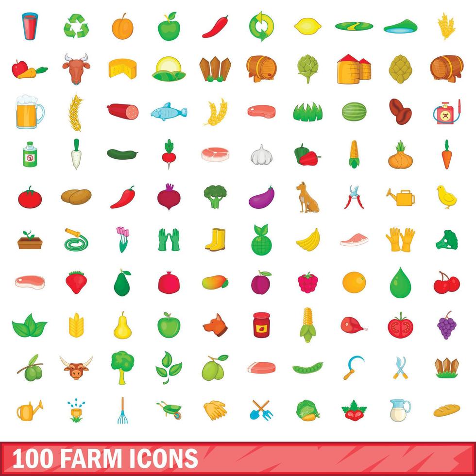 100 iconos de granja, estilo de dibujos animados vector