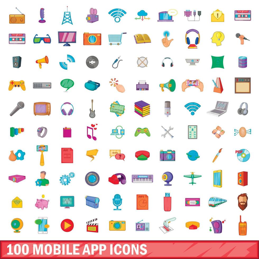 100 mobile app icons set, cartoon style vector