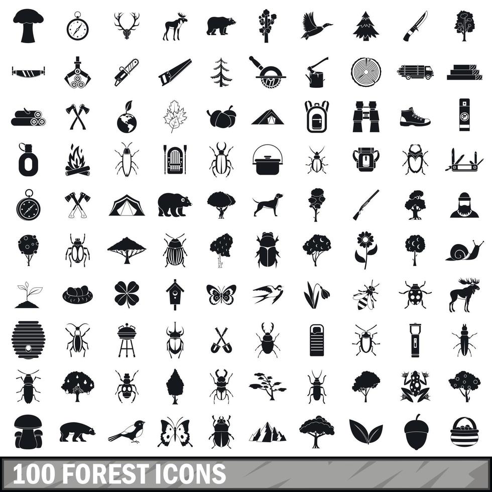 100 iconos de bosque establecidos en estilo simple vector