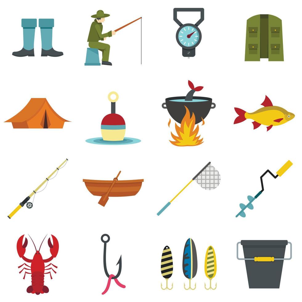 Fishing tools set flat icons vector