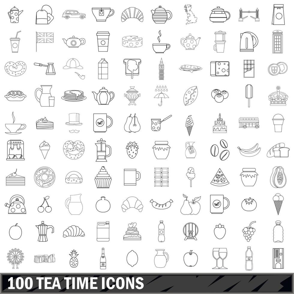 100 tea time icons set, outline style vector