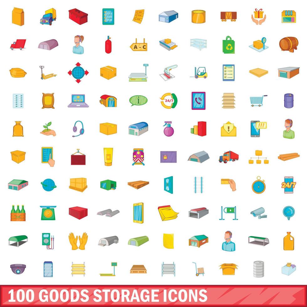 100 goods storage icons set, cartoon style vector