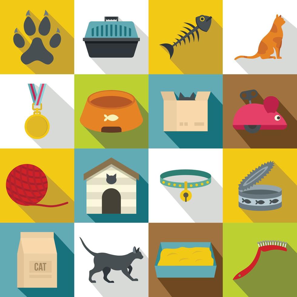 Conjunto de iconos de herramientas de cuidado de gatos, estilo plano vector