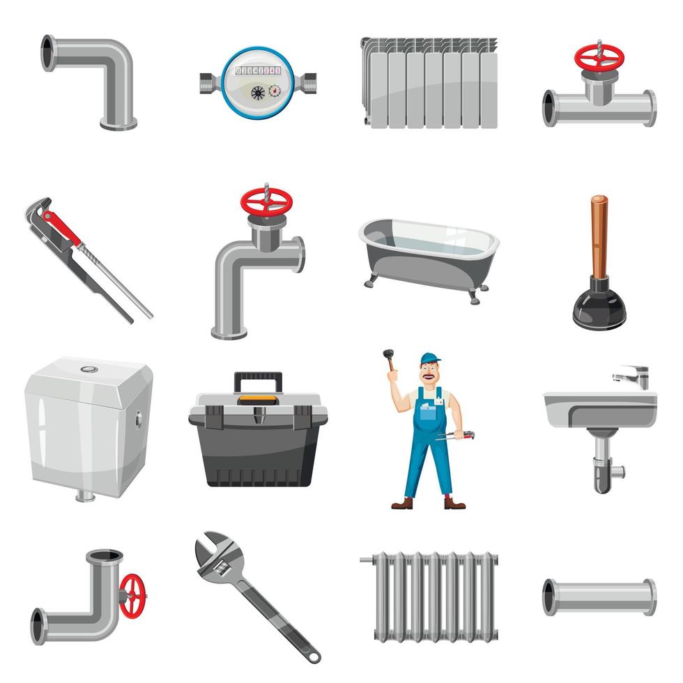 Plumber items icons set, cartoon style vector